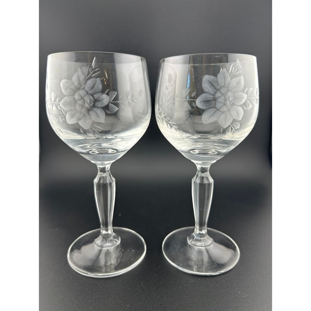 Etched‎ Floral Wine Glasses Set of 2 Clear Glass Faceted Stem Elegant Barware